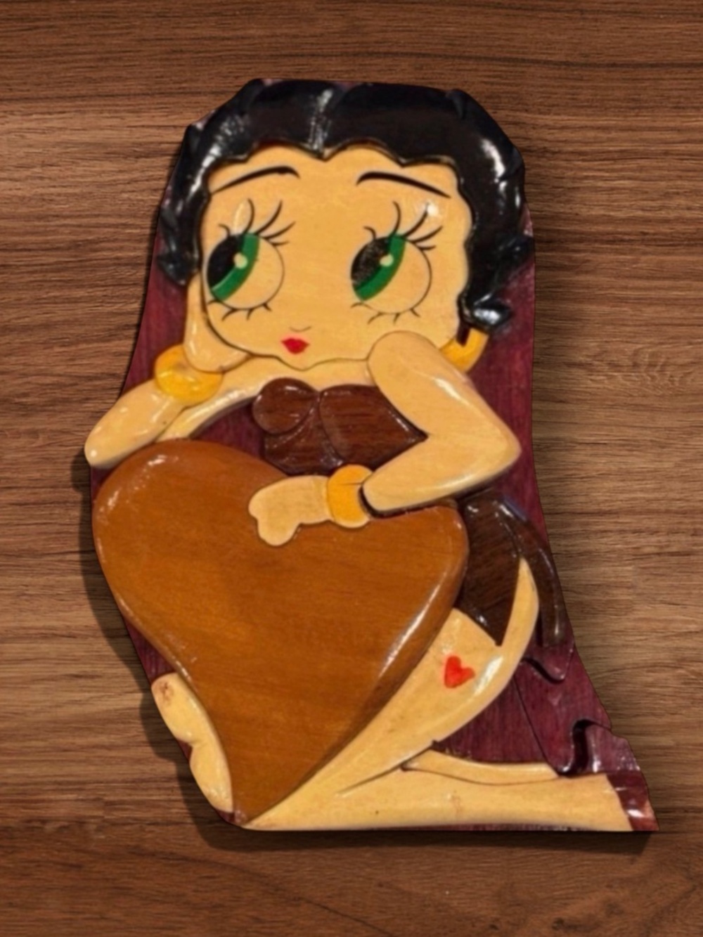 Betty Boop Artisan Wooden Heart Key Puzzle Trinket